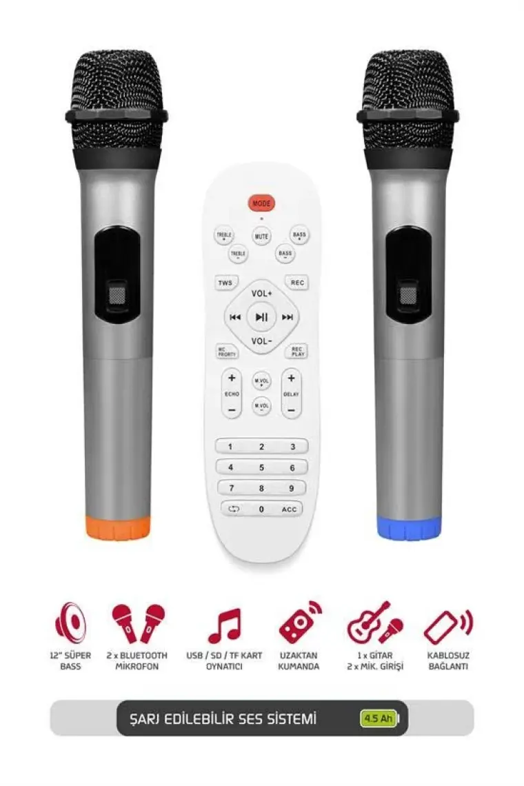 Powerway  Şarjlı Çift Mikrofonlu Hoparlör Karaoke Sistemi Taşınabilir Amfi MT90 Bluetooth Hoparlör