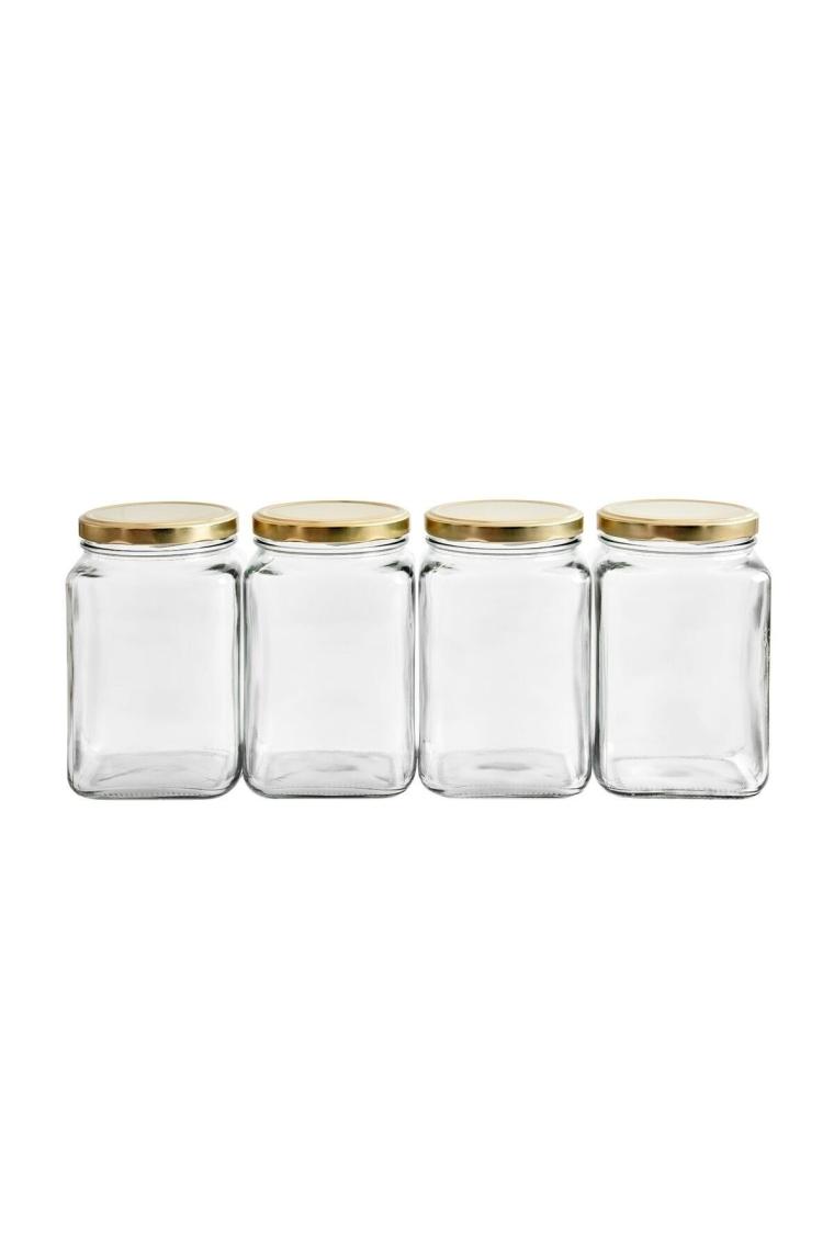 4'lü 1600 ml Köşeli Kapaklı Cam Kavanoz - Gold Kapak
