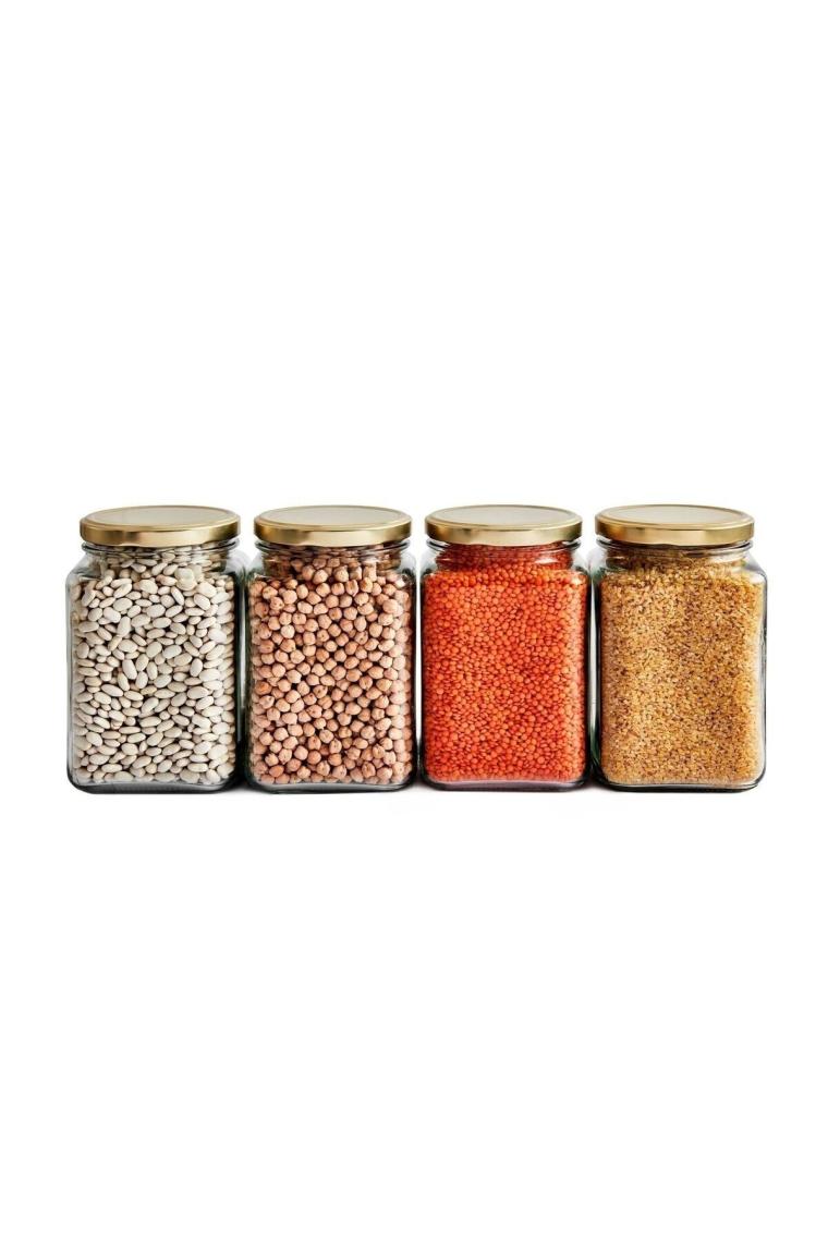 4'lü 1600 ml Köşeli Kapaklı Cam Kavanoz - Gold Kapak
