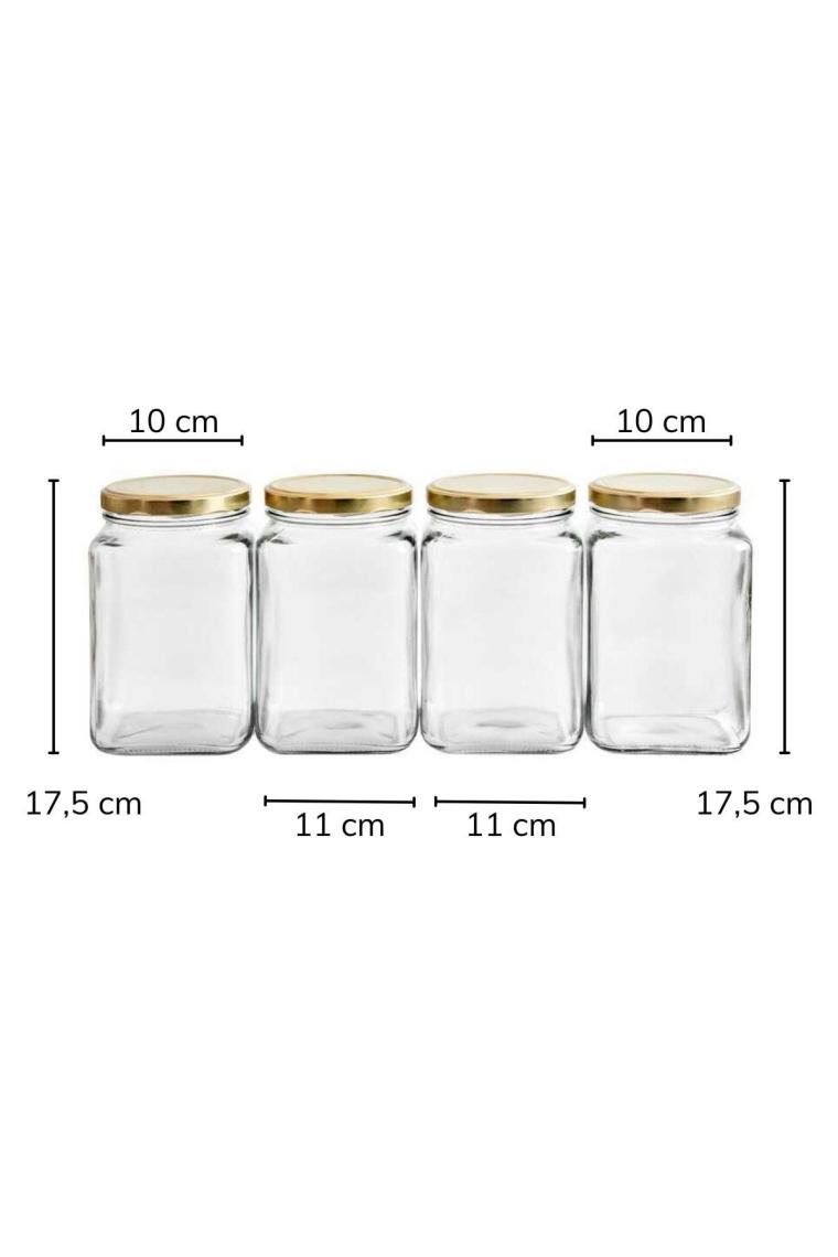 4'lü 1600 ml Köşeli Kapaklı Cam Kavanoz - Gold Kapak