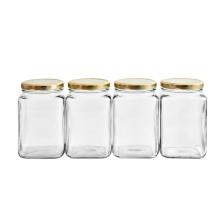 4'lü 1600 ml Köşeli Kapaklı Cam Kavanoz - Gold Kapak