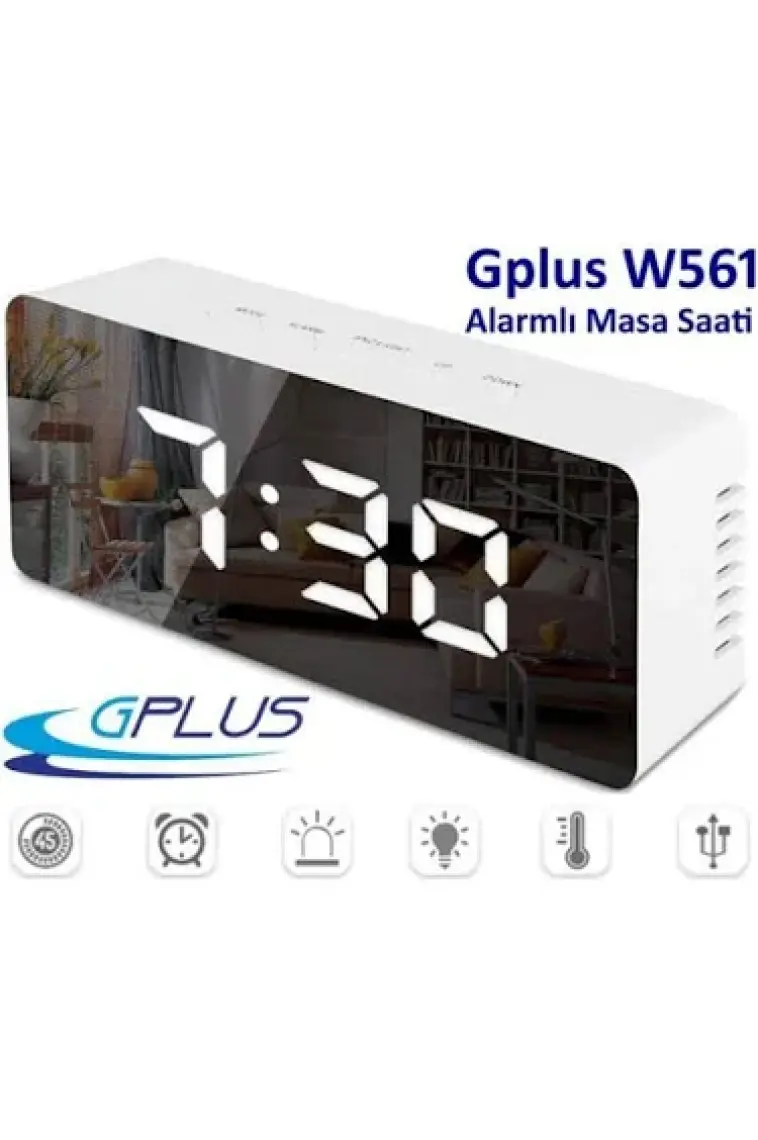 Gplus W561 Çift Alarm Dijital Göstergeli Çok Fonksiyonlu Termometreli Sese Duyarlı Aynalı Yeni Versiyon Masa Saati