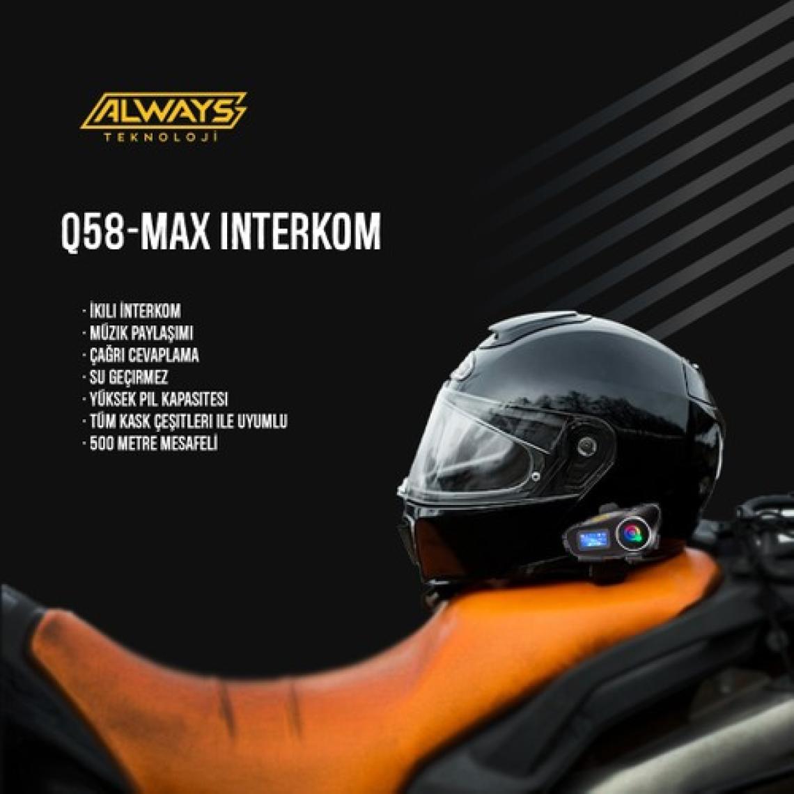 Always Teknoloji 2 Adet Q58-MAX Radyolu Telsiz Özellikli 2 Kişi Bağlantılı Bluetooth Kask Kulaklık Ekranlı Fenerli Müzik ve Intercom