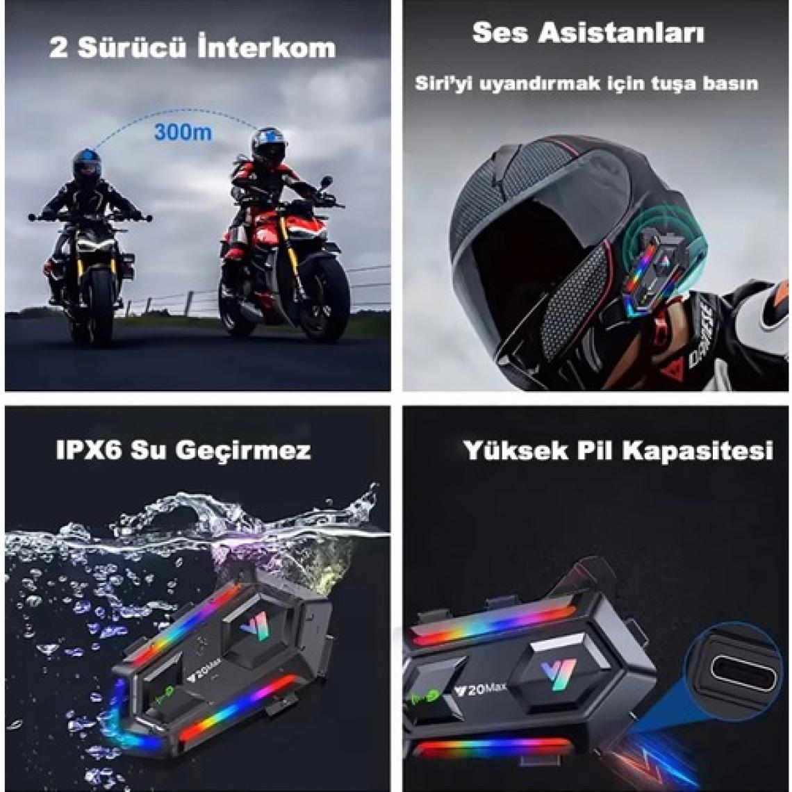 Serreha Y20 Max Su Geçirmez Kask 2 Kişi Bağlantılı Rgb Intercom