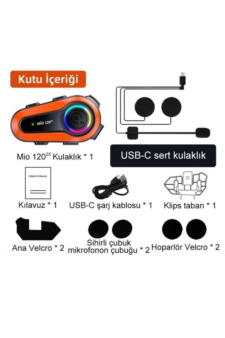 Mioji Mio 120 2x RGB 1000mAh IPX6 1500m 2 Kişilik Kask Intercom Motosiklet Bluetooth Kulaklık