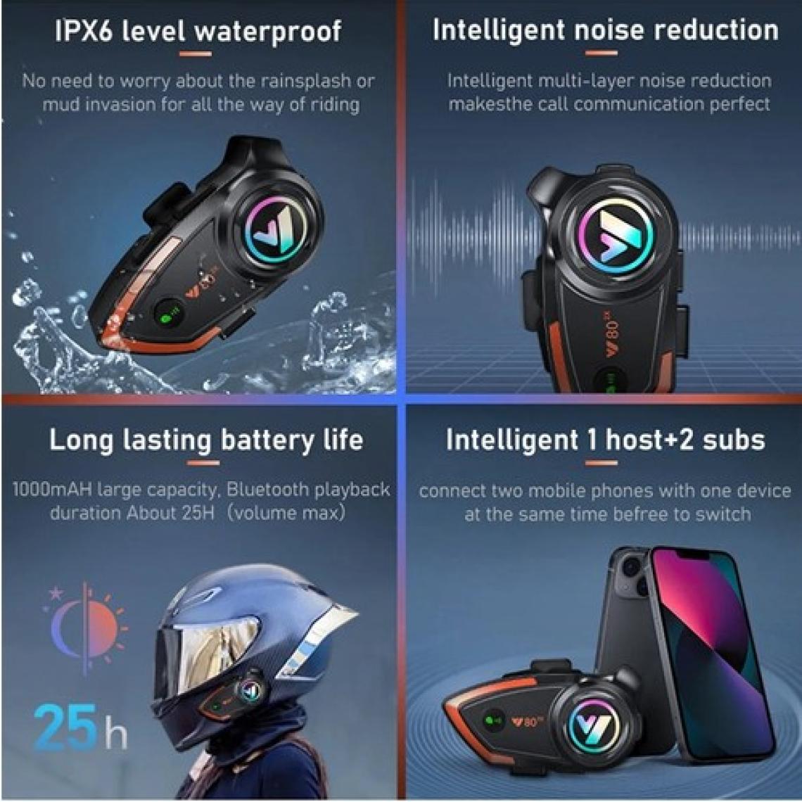 Comse Y80 2x Motosiklet Intercom 2 Kişilik Bağlantı Rgb Işıklı Bluetooth Kulaklık Seti