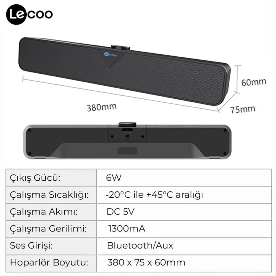 Lecoo DS102 Bluetooth + Kablolu BT/USB/AUX Stereo 6W Soundbar Taşınabilir Hoparlör Siyah