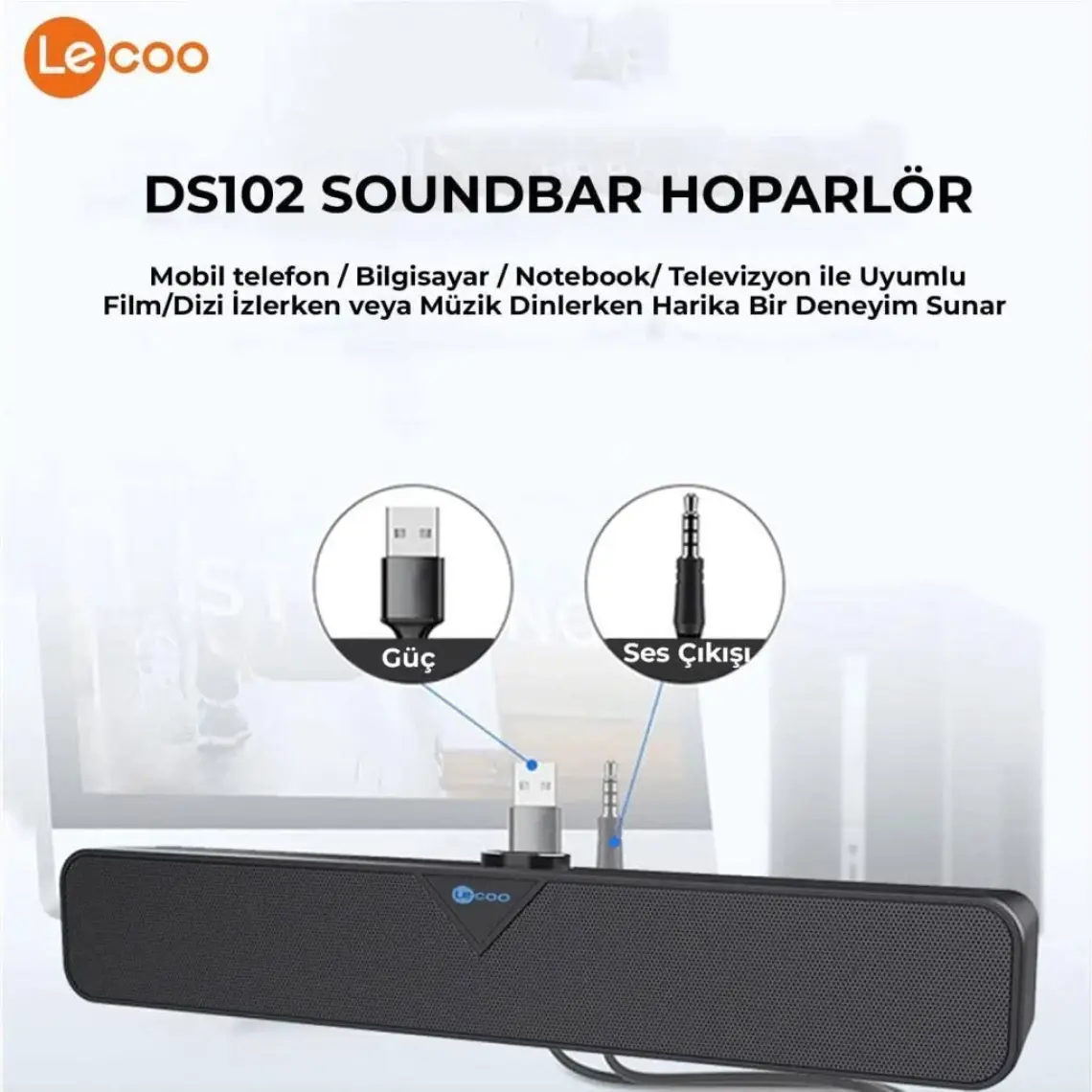 Lecoo DS102 Bluetooth + Kablolu BT/USB/AUX Stereo 6W Soundbar Taşınabilir Hoparlör Siyah