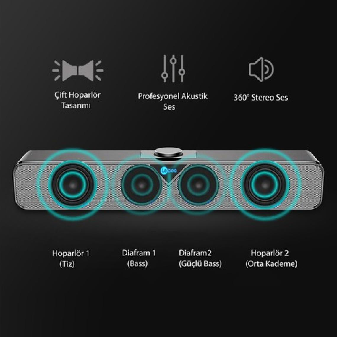 Lecoo DS102 Bluetooth + Kablolu BT/USB/AUX Stereo 6W Soundbar Taşınabilir Hoparlör Siyah