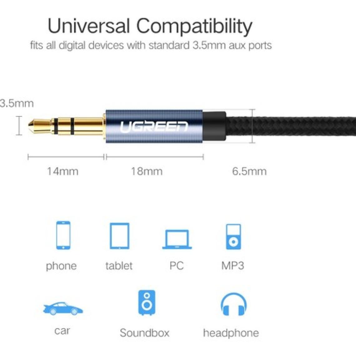 Ugreen 90 Derece L Tipi 3.5mm Aux Ses Kablosu 1.5 Metre