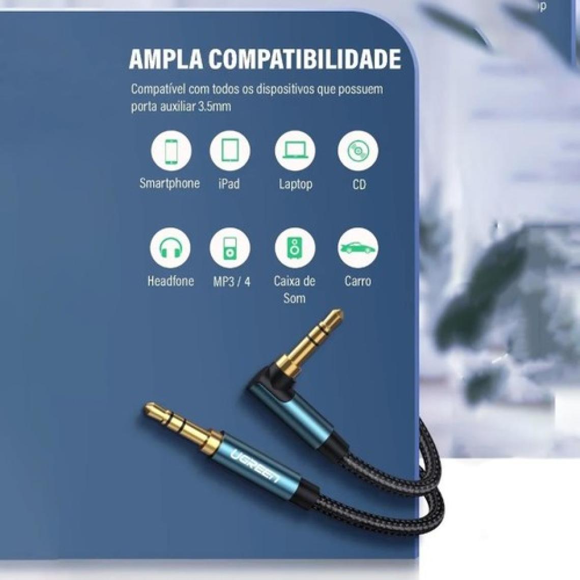 Ugreen 90 Derece L Tipi 3.5mm Aux Ses Kablosu 50 cm