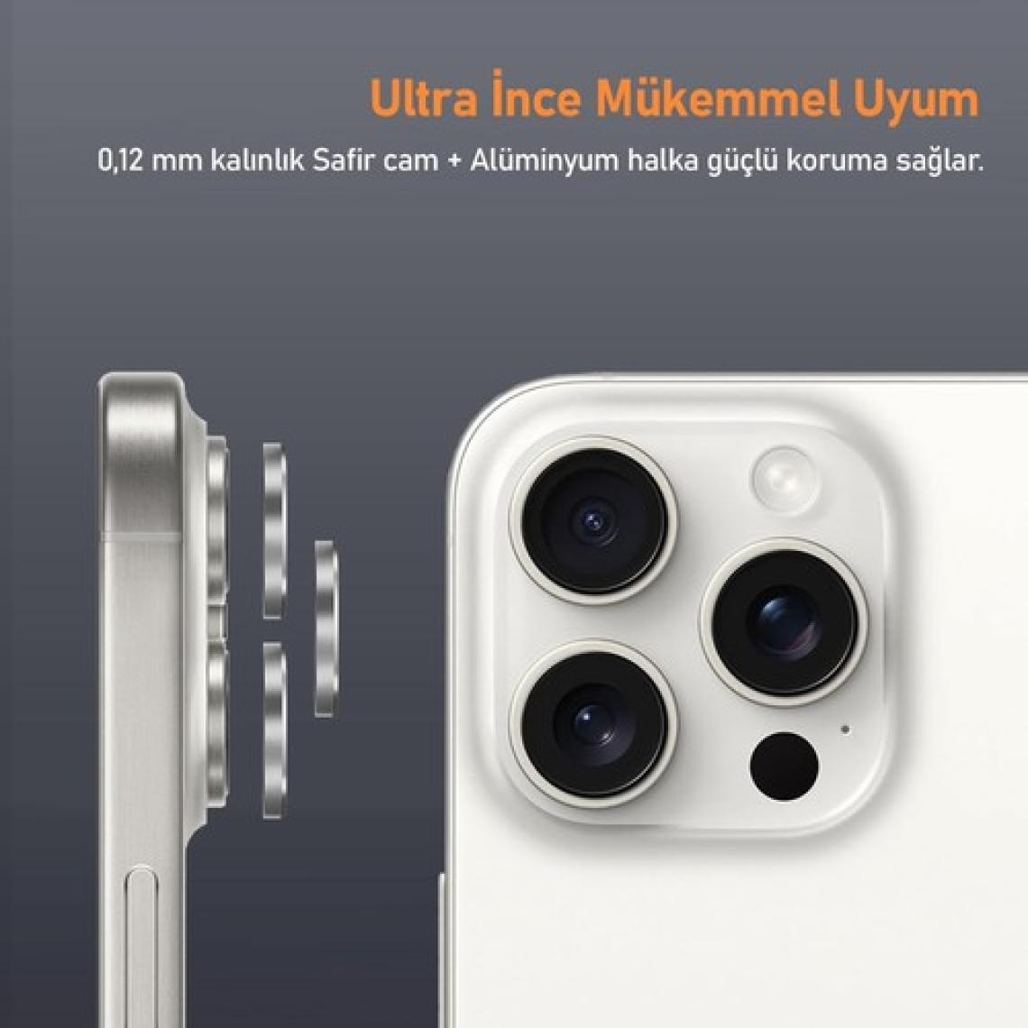 Shaza Iphone 16 Pro / 16 Pro Max Ile Uyumlu Darbeye Dayanıklı Mekanizmalı Safir Kamera Lens Koruyucu Gri