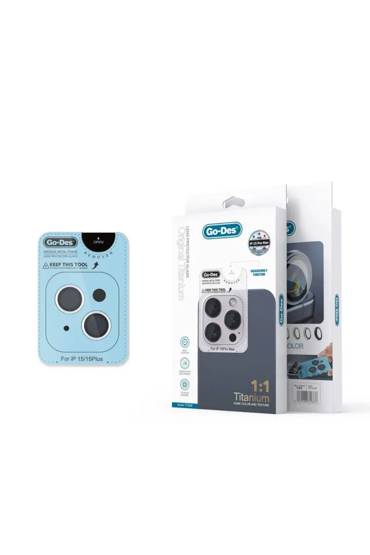 Go-Des Apple iPhone 15 Plus Uyumlu Go Des Titanium Premium Temperli Kamera Lens Koruyucu Blue