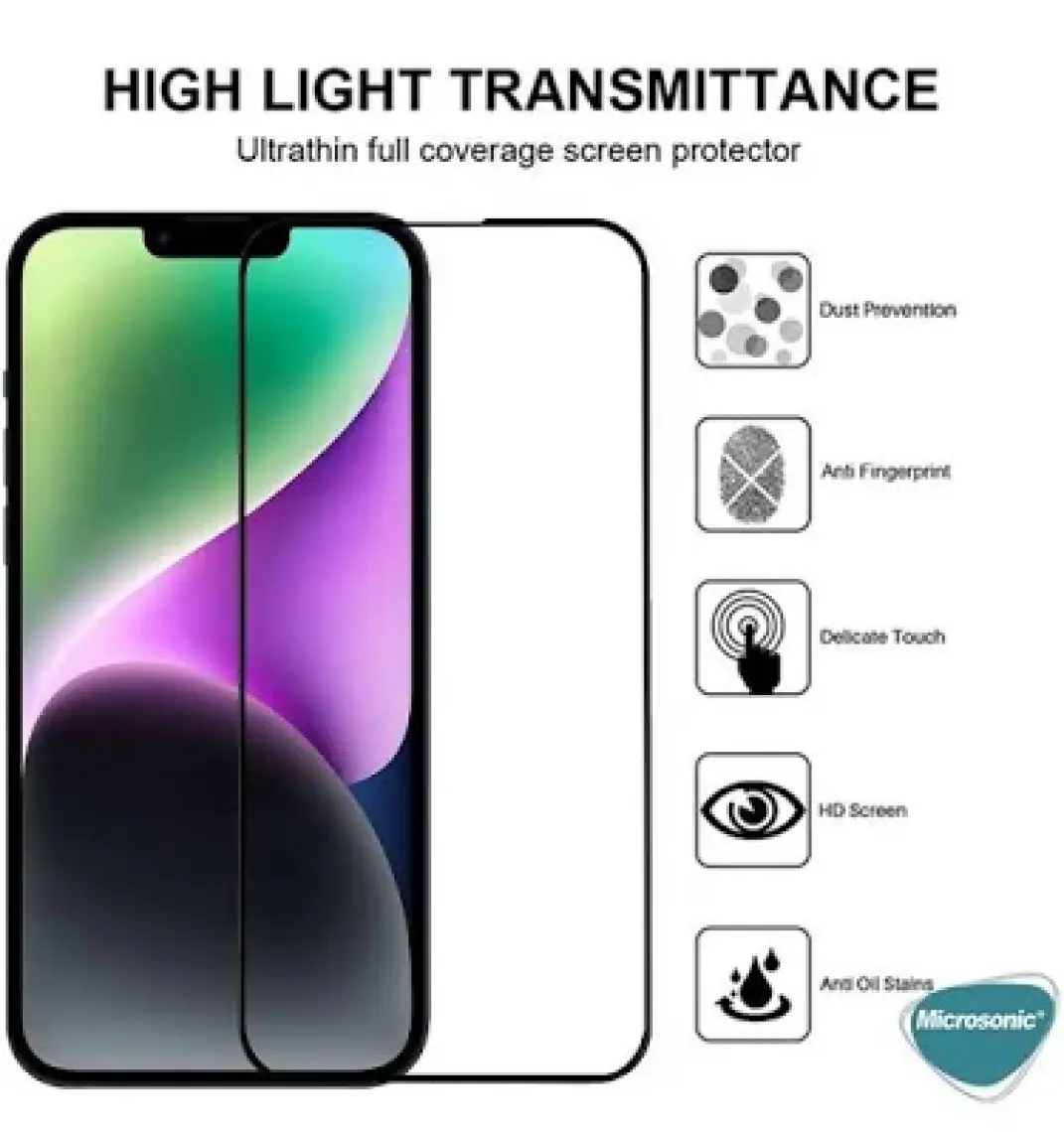 Microsonic Apple iPhone 14 Plus Tam Kaplayan Temperli Cam Ekran Koruyucu Siyah