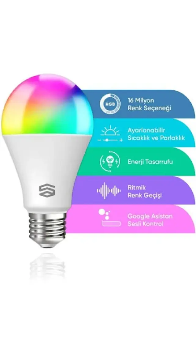 Akıllı RGB LED Ampul Wi-Fi 16M Renk, Uzaktan Kontrol ve Sesli Asistan Uyumlu