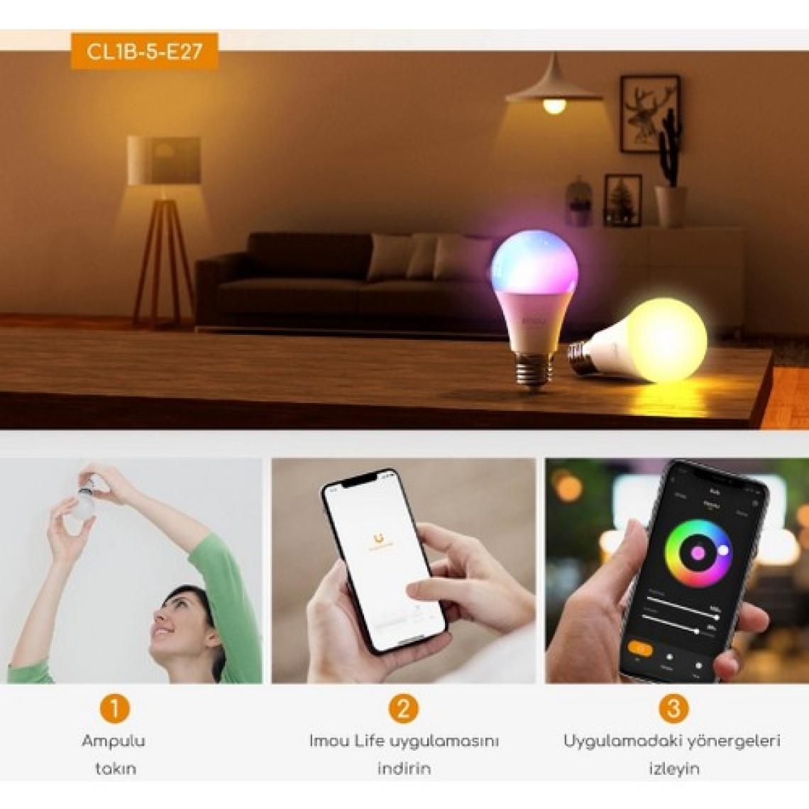 IMOU Akıllı LED WiFi Ampul / Çok Renkli - Ayarlanabilir Işık Şiddeti - Programlama ve Zamanlama  - Uygulama Üzerinden Kontrol - E27 Duy (CL1B-5-E27)