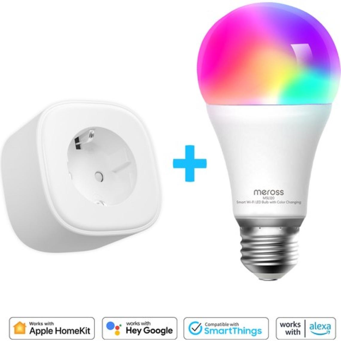 Meross Wi-Fi Uzaktan Kontrollü Akıllı 810 Lümen RGB LED Ampul Ve Akım Korumalı Tekli Priz Seti
