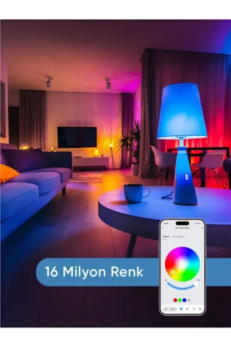 Akıllı RGB LED Ampul Wi-Fi 16M Renk, Uzaktan Kontrol ve Sesli Asistan Uyumlu