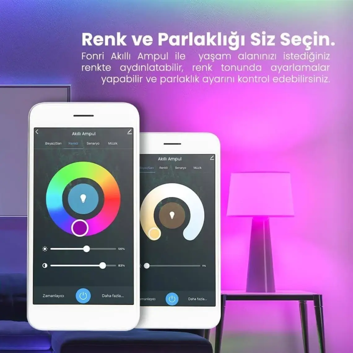 Fonri Akıllı Led Ampul 3'lü Set, 9w-titreşimsiz, 16.7 Milyon Renk, Sesli Kontrol, 2 Yıl Garantili