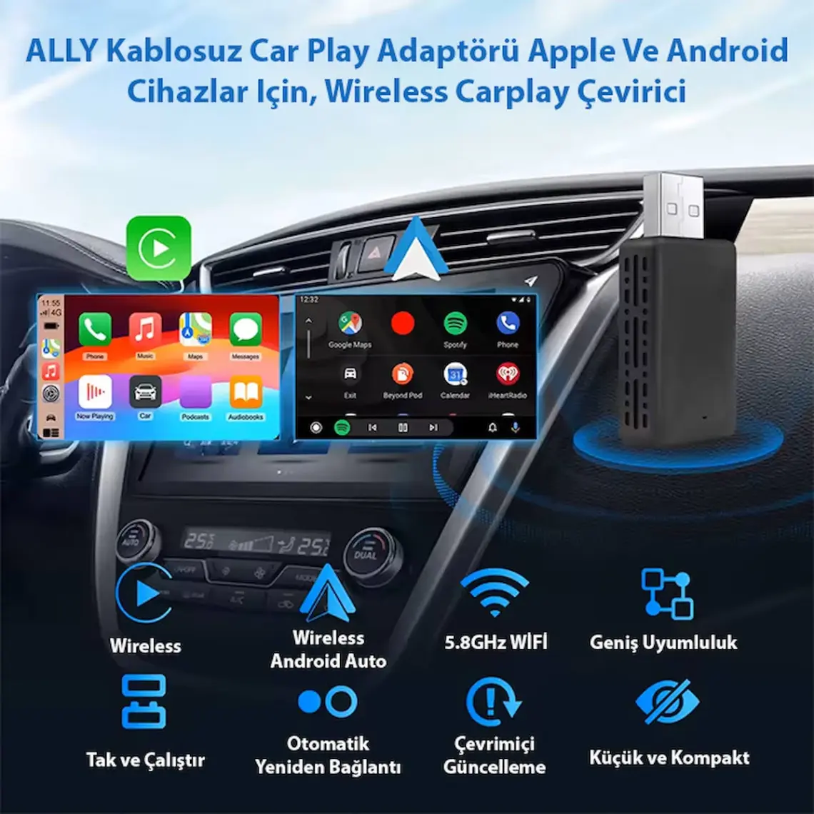 Ally Kablosuz Car Play Adaptörü Apple ve Android Cihazlar Için, Wireless Carplay Çevirici