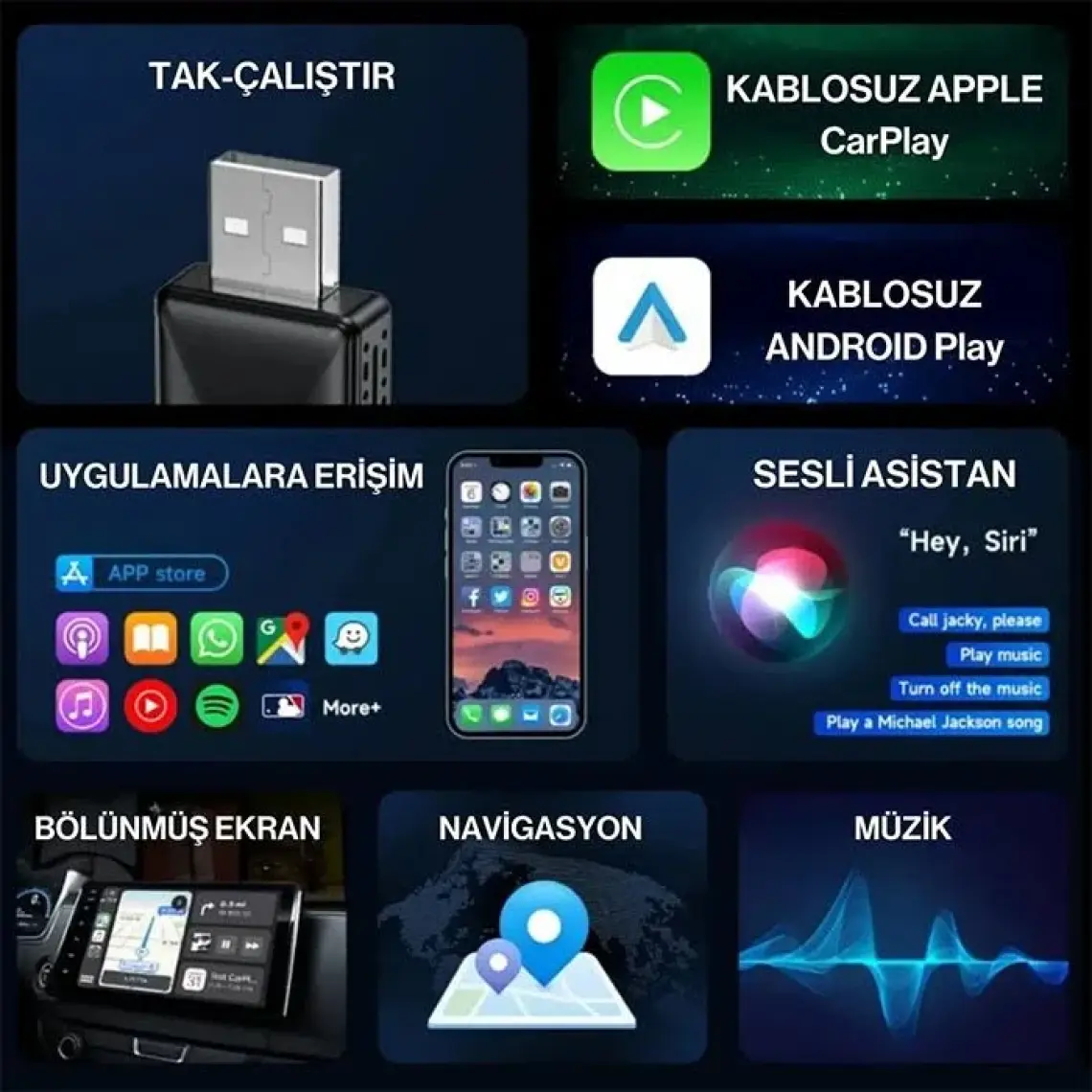 Ally Kablosuz Car Play Adaptörü Apple ve Android Cihazlar Için, Wireless Carplay Çevirici