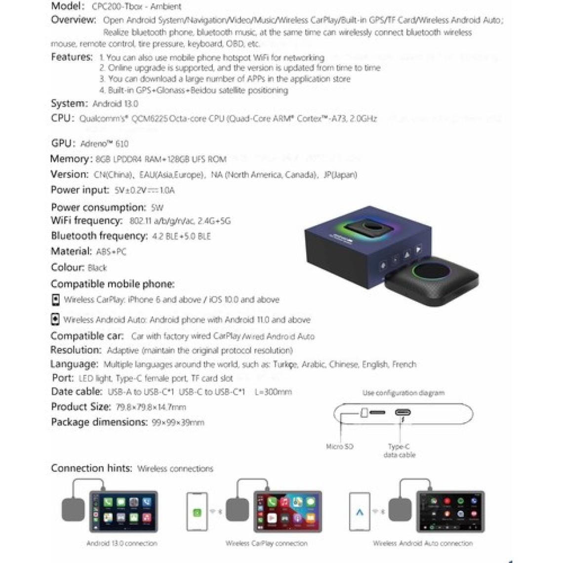 Carlinkit Tbox Max Ambient Android 13.0 Carplay disney, Prime Netflix