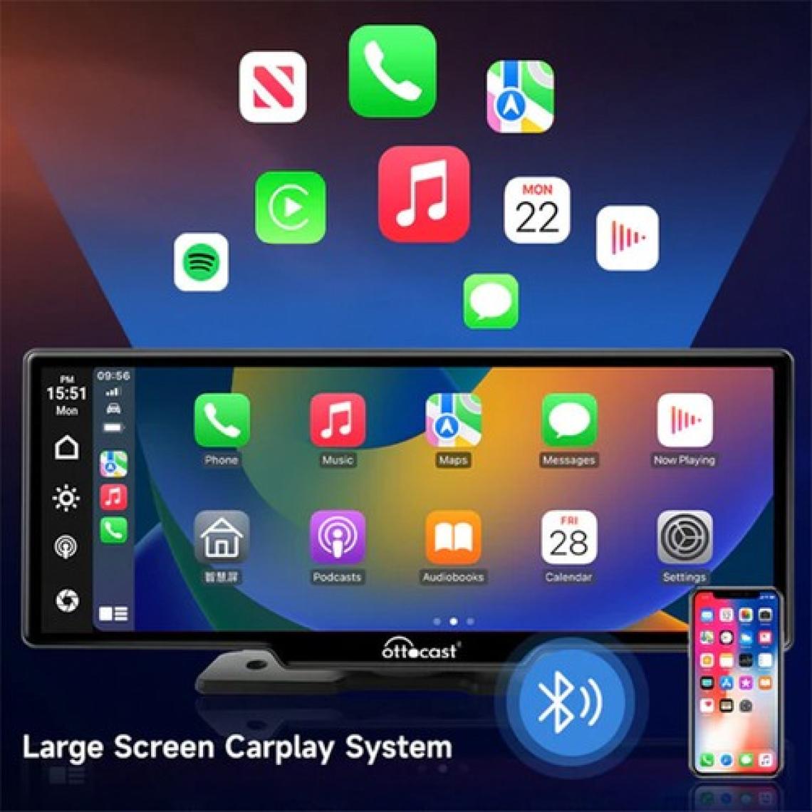 Ottocast 10" Taşınabilir Apple Carplay & Android Auto, Ön & Arka Kameralı Torpido Üstü Araç Multimedya (OT-N91C)