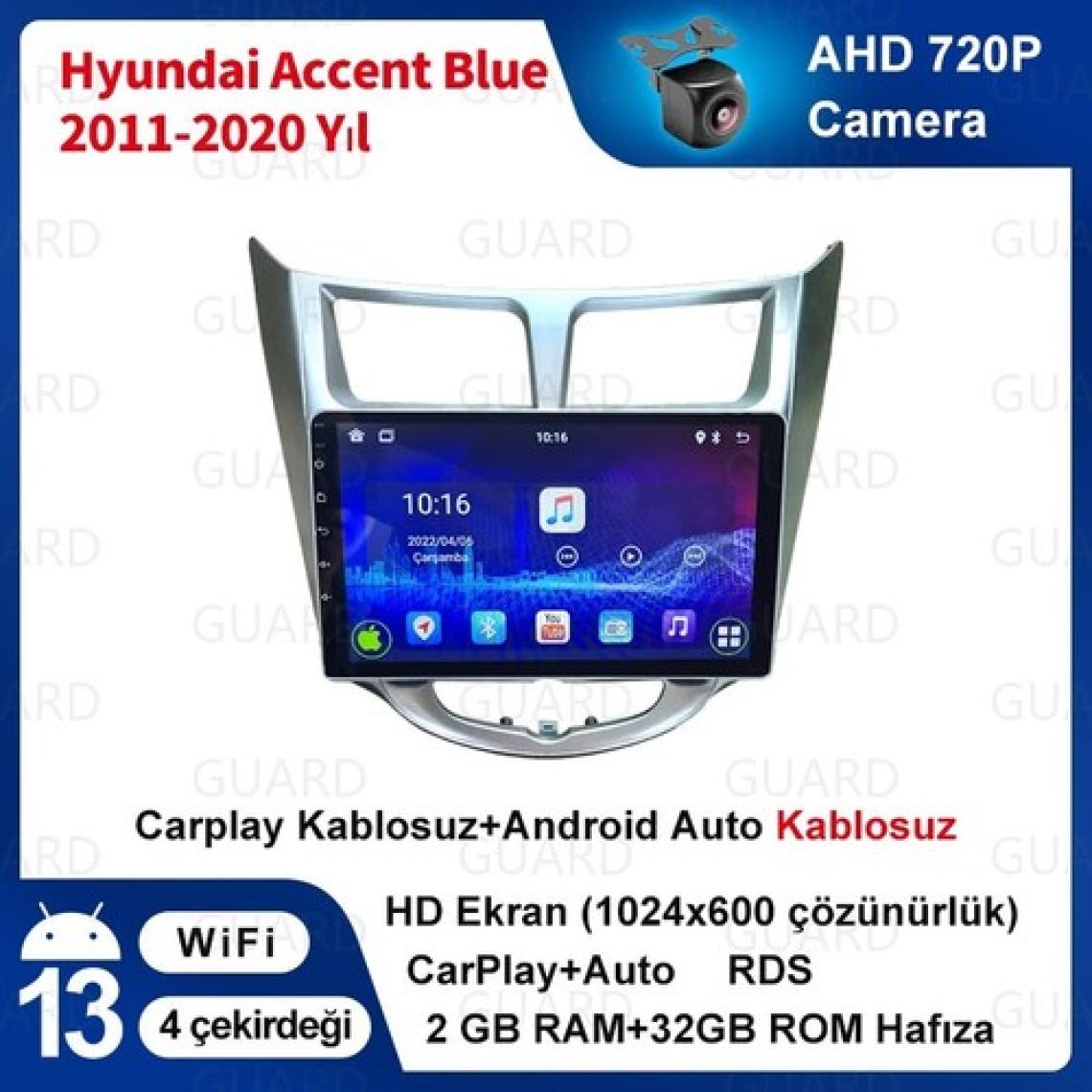 Hyundai Accent Blue 2011-2020 Android Kablosuz Carplay Navigasyon Multimedya 9 Inç Ekran 2 Gb Ram+ 32 Gb Rom Çerçeveli ve arka görüş kameralı