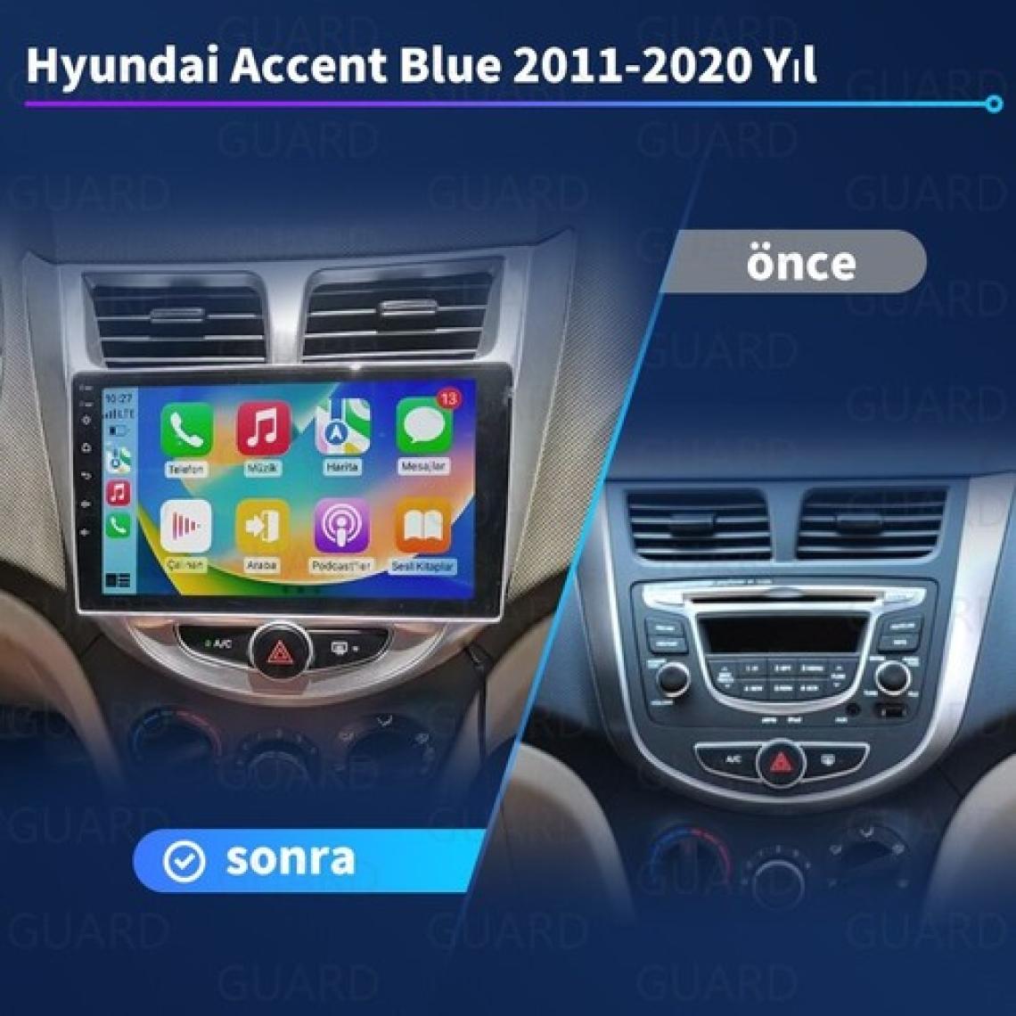 Hyundai Accent Blue 2011-2020 Android Kablosuz Carplay Navigasyon Multimedya 9 Inç Ekran 2 Gb Ram+ 32 Gb Rom Çerçeveli ve arka görüş kameralı