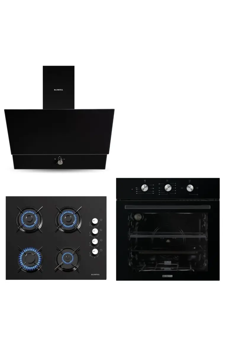 Kumtel Dizayn Siyah Cam Ankastre Set (DA6-830 Davlumbaz + KO-40 TAHDF Ocak +  Fırın )