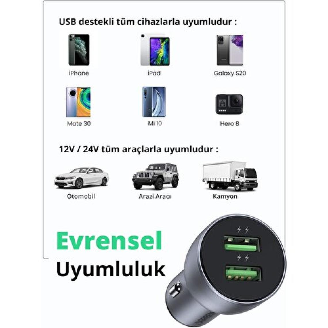 Ugreen 36W Qc 3.0 2 Portlu Araç Çakmaklık Hızlı Şarj Adaptörü