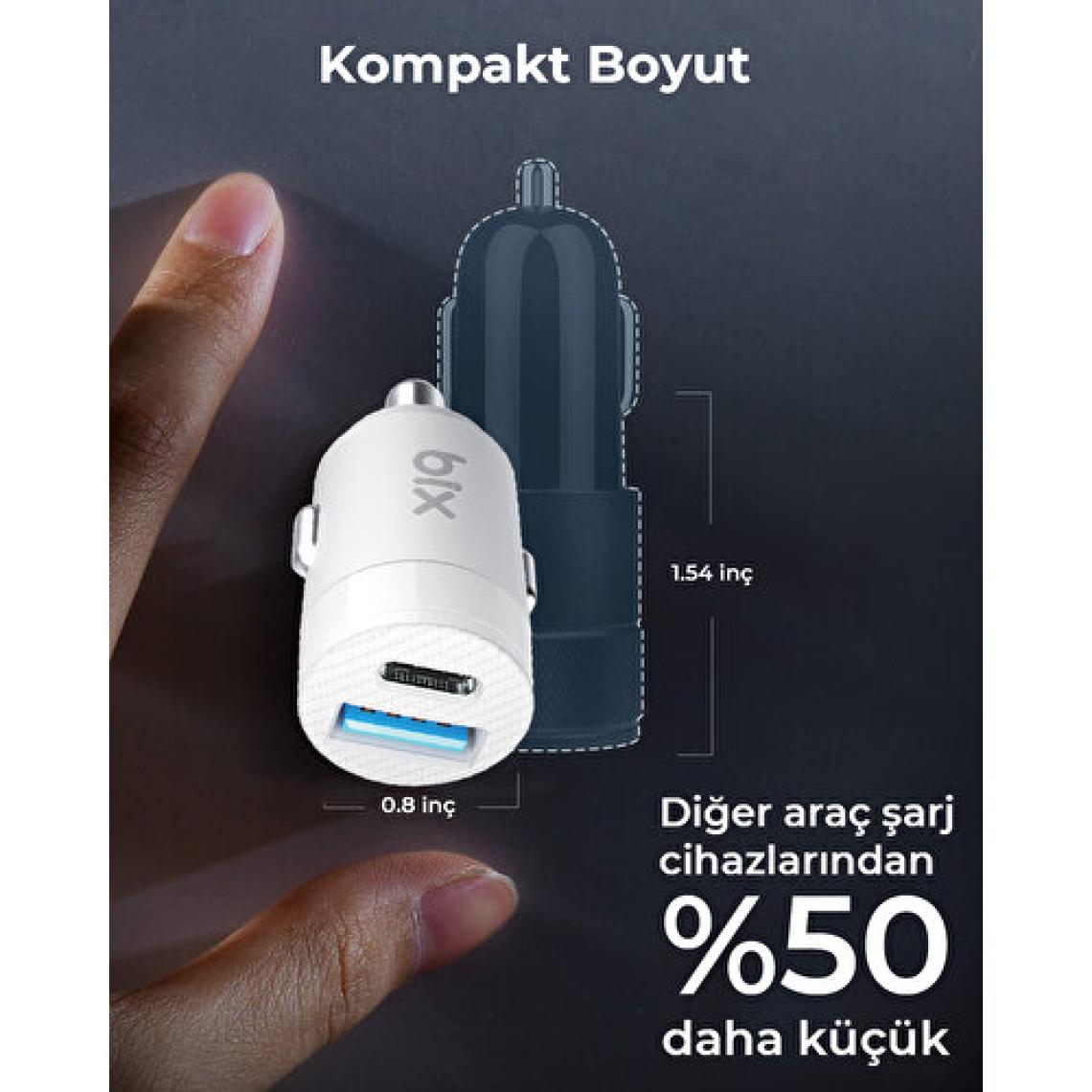 Bix BXAC65C 65W PD Type-C & 18W USB-A Girişli Çift Portlu Hızlı Şarj Özellikli Araç Içi Şarj Cihazı Beyaz