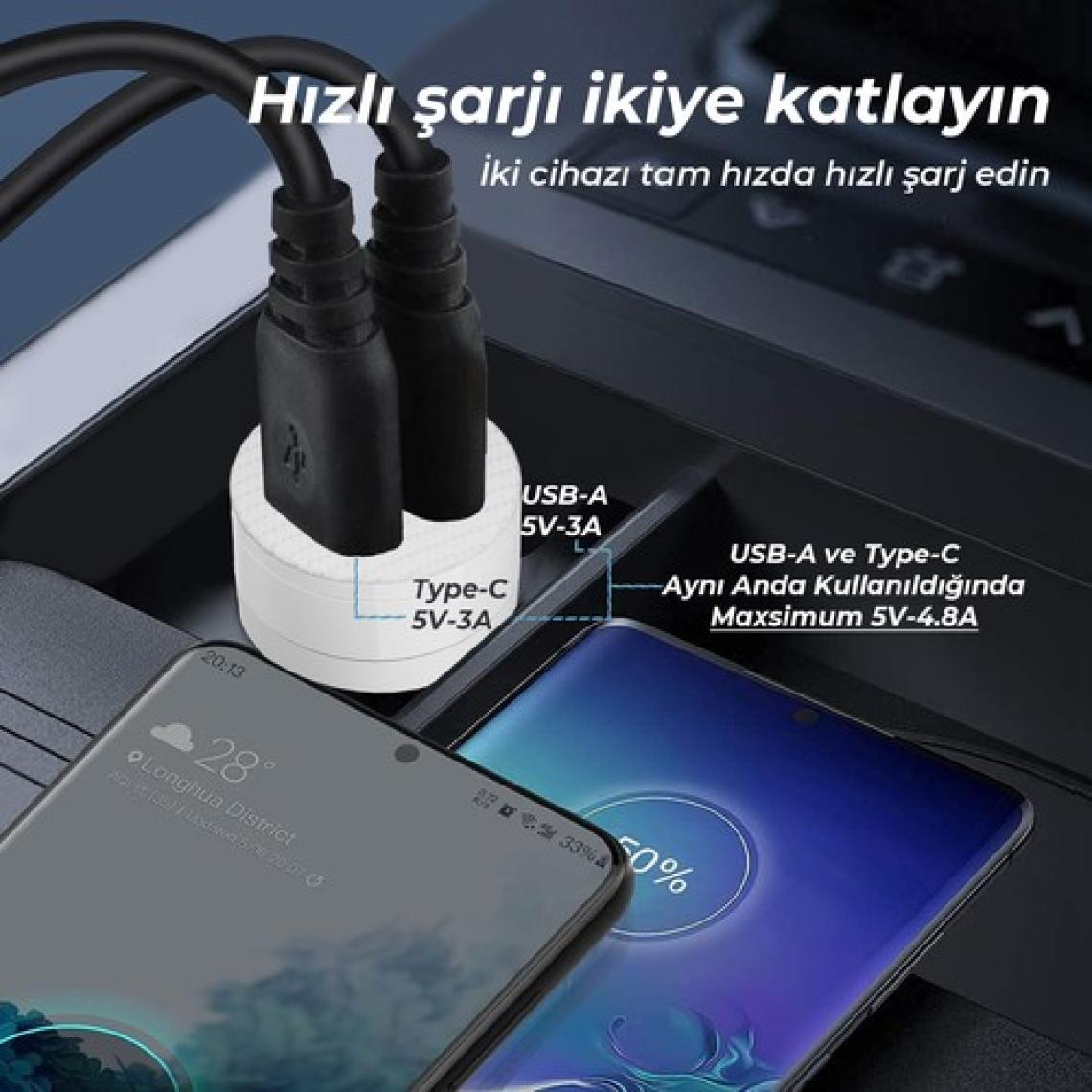 Bix BXAC65C 65W PD Type-C & 18W USB-A Girişli Çift Portlu Hızlı Şarj Özellikli Araç Içi Şarj Cihazı Beyaz