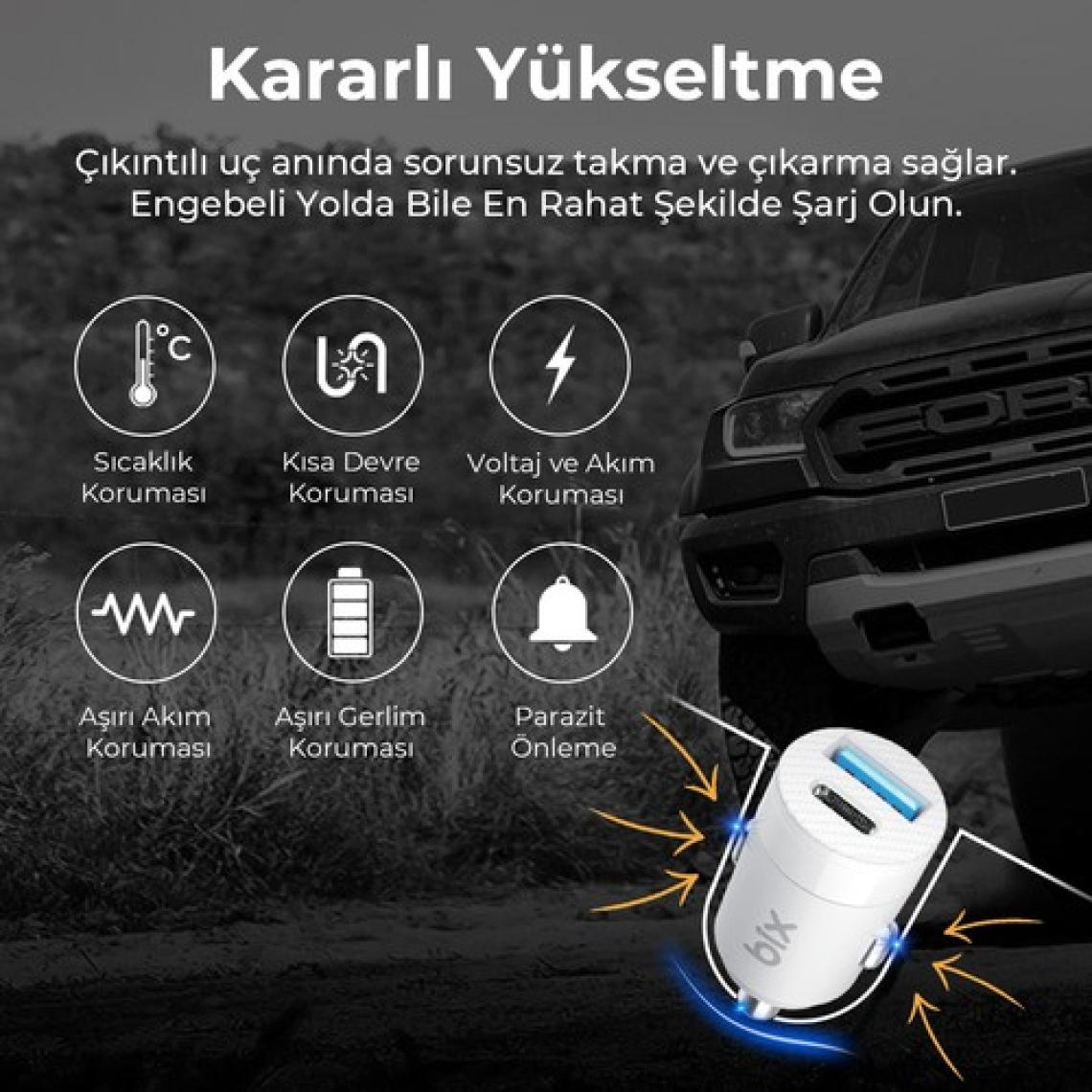 Bix BXAC65C 65W PD Type-C & 18W USB-A Girişli Çift Portlu Hızlı Şarj Özellikli Araç Içi Şarj Cihazı Beyaz