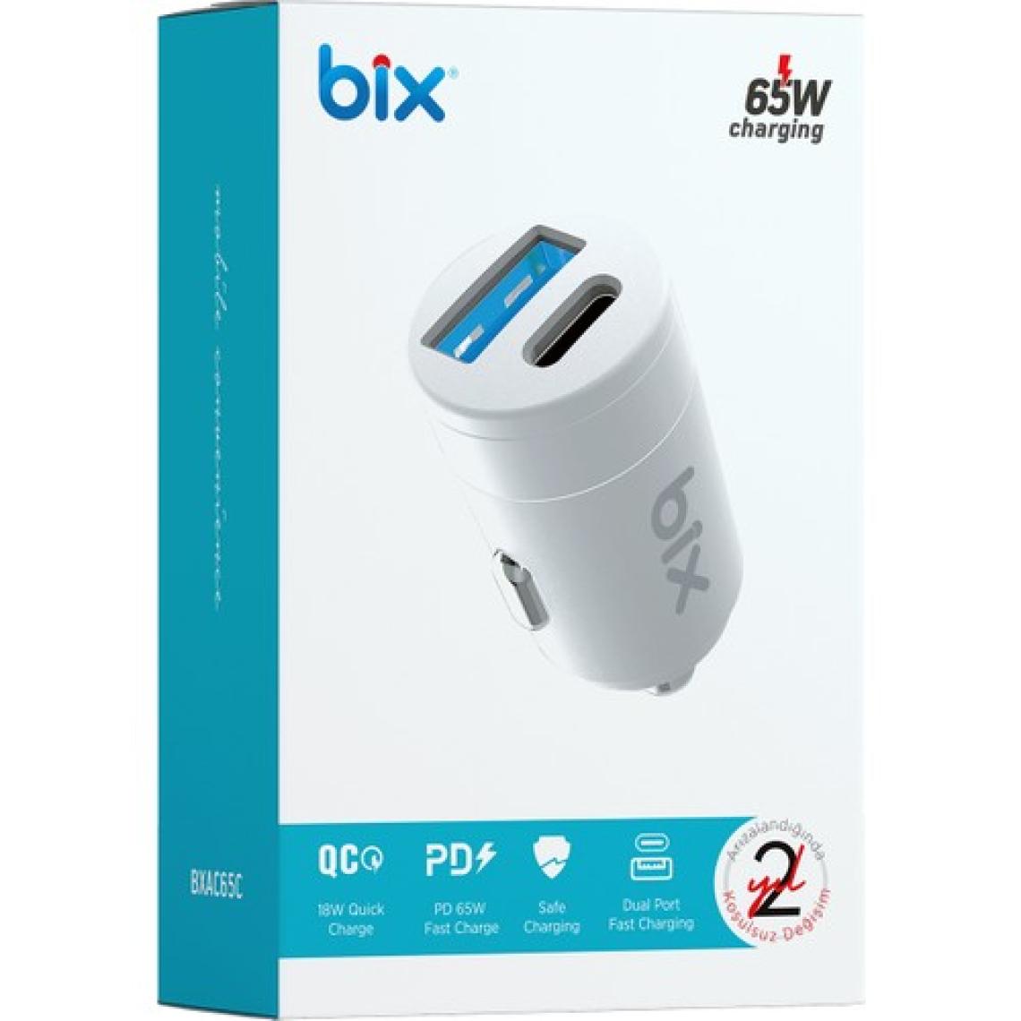 Bix BXAC65C 65W PD Type-C & 18W USB-A Girişli Çift Portlu Hızlı Şarj Özellikli Araç Içi Şarj Cihazı Beyaz