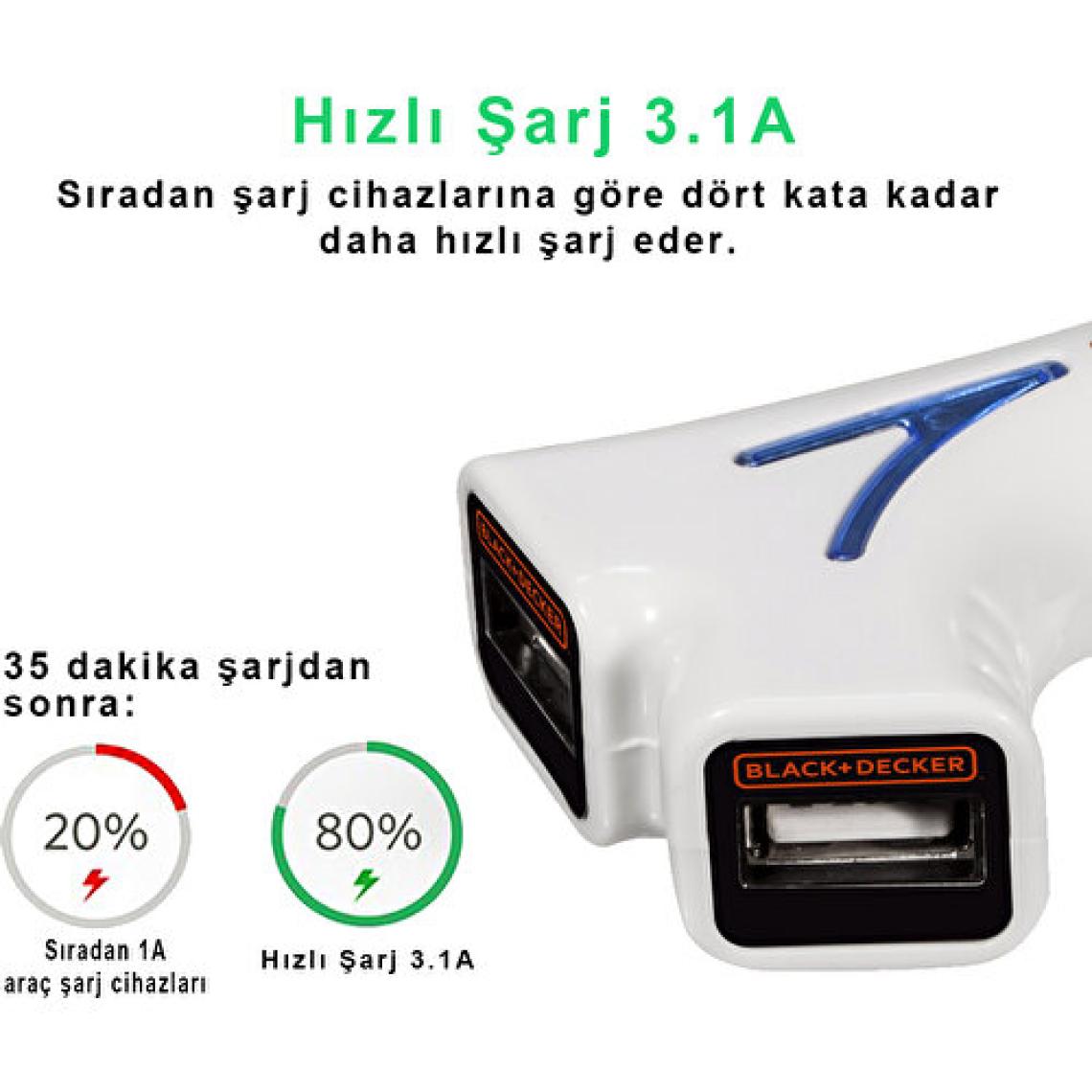 Black&Decker PIUSB2BE 3.1 Amper Çift Çıkışlı Usb Araç Şarj Cihazı