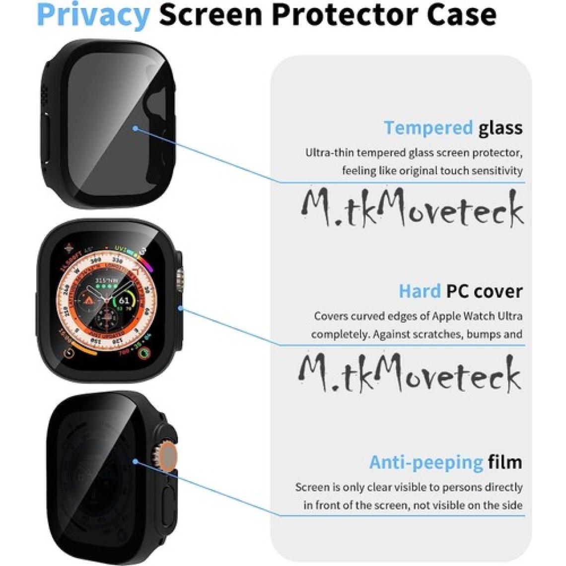 M.TK Moveteck Apple Watch Ultra 49MM Uyumlu Ekran ve Kasa Koruyucu Privacy Cam Hayalet Military 49MM Kılıf Gard Pc Tam Kaplar