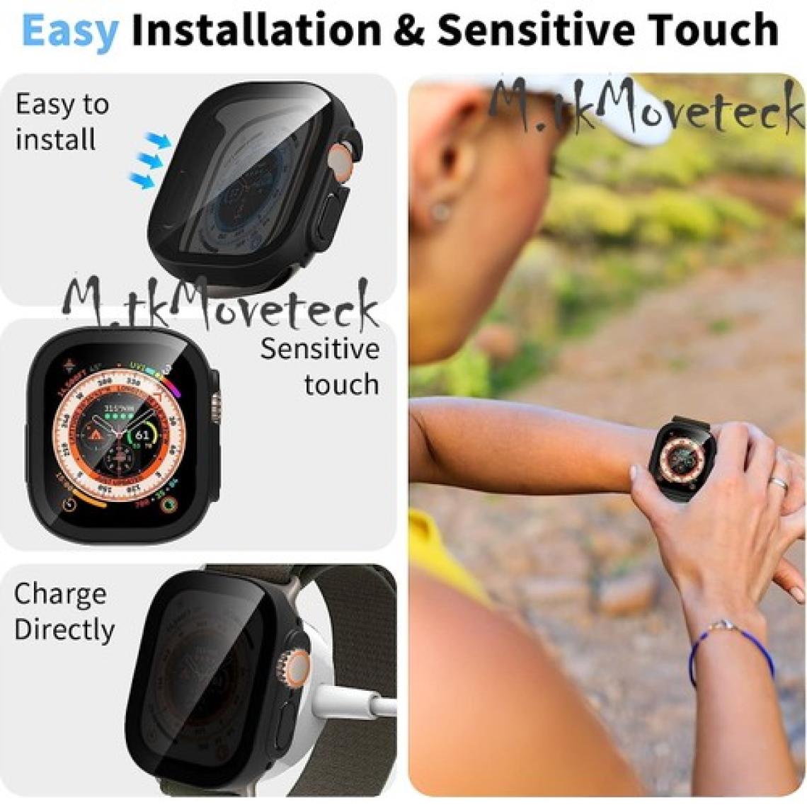 M.TK Moveteck Apple Watch Ultra 49MM Uyumlu Ekran ve Kasa Koruyucu Privacy Cam Hayalet Military 49MM Kılıf Gard Pc Tam Kaplar