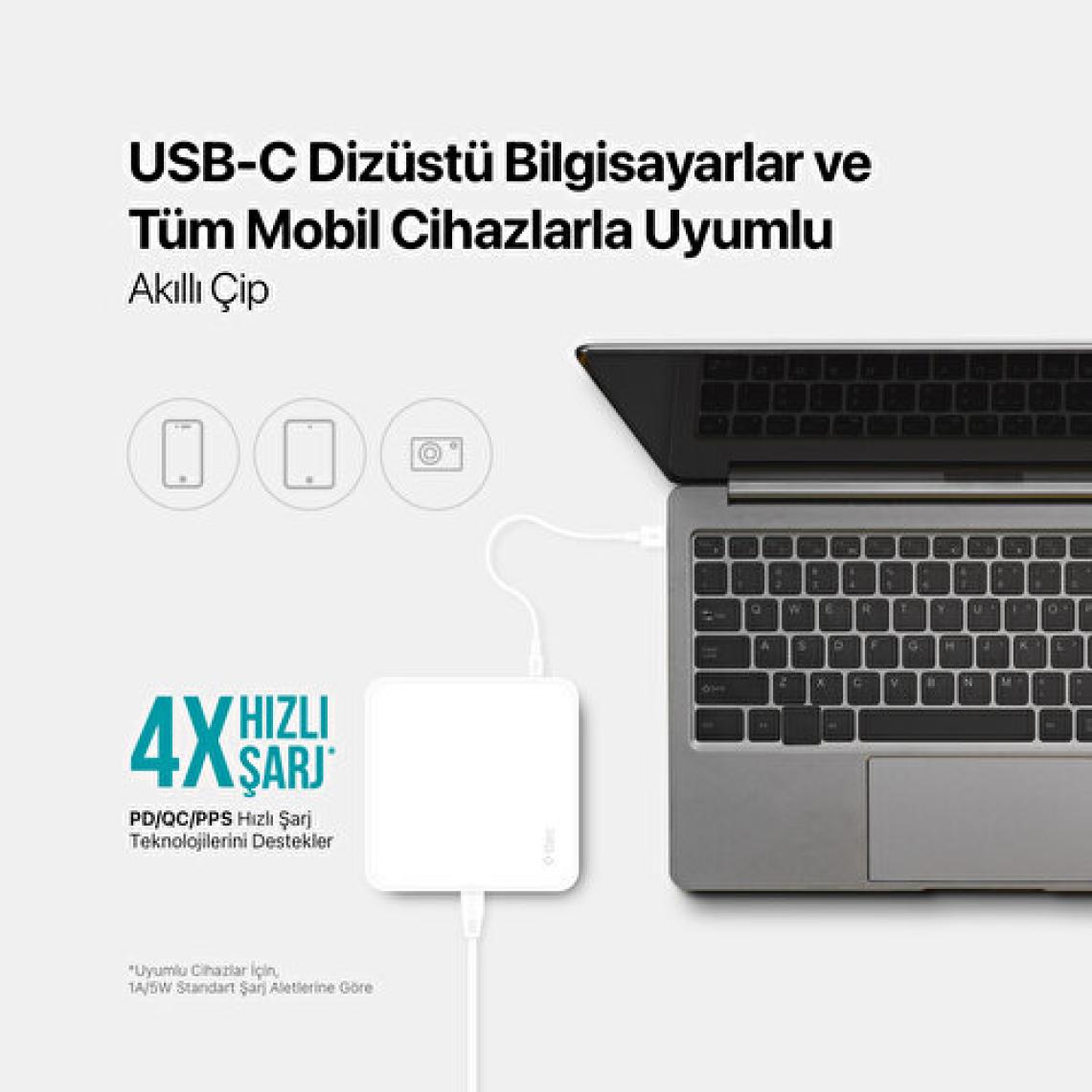 Ttec SmartCharger Quattro GaN 65W PD Seyahat Hızlı Şarj Aleti Usb-C + 3 Usb-A MacBook, iPhone, akıllı telefonlar, tabletler ve daha fazlası için