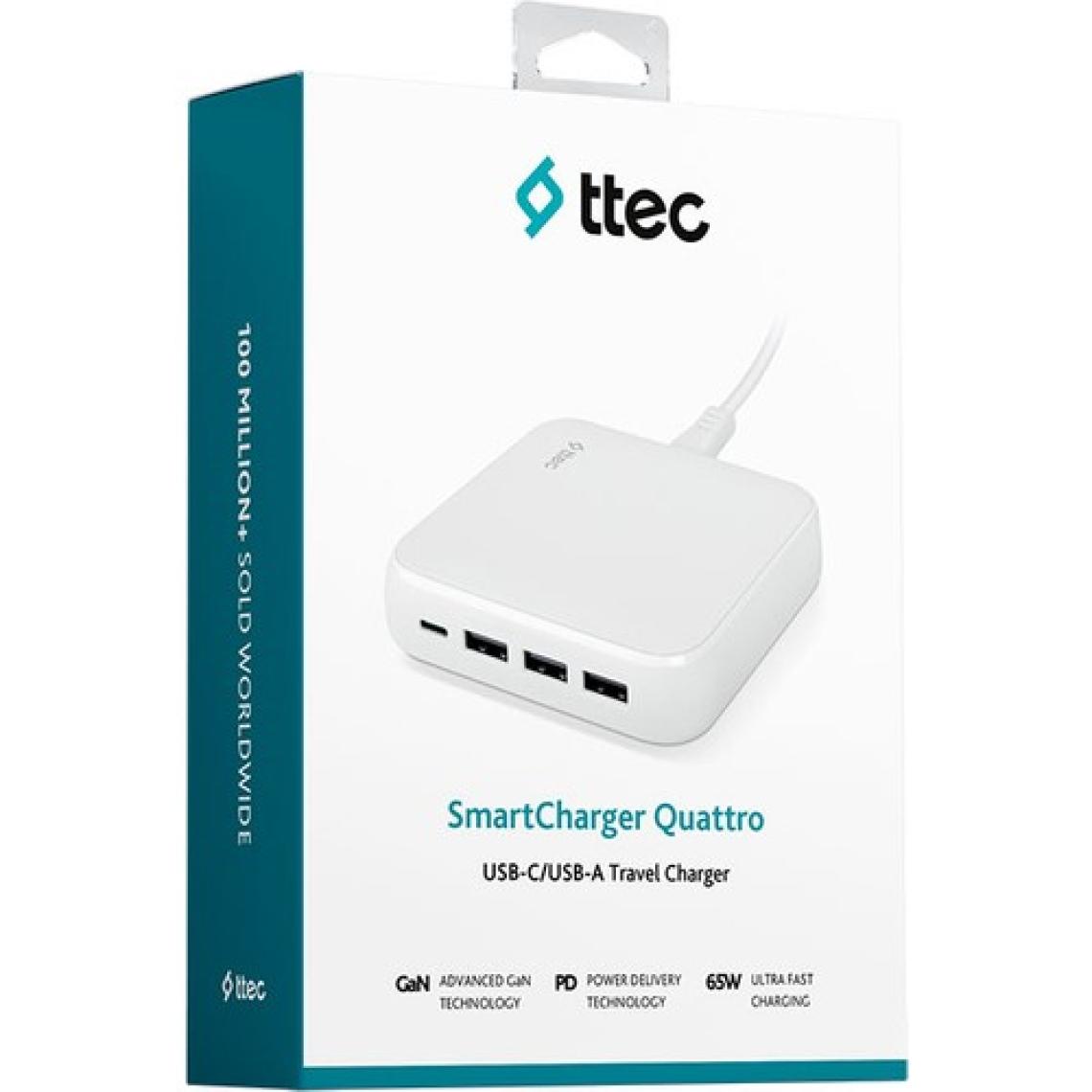 Ttec SmartCharger Quattro GaN 65W PD Seyahat Hızlı Şarj Aleti Usb-C + 3 Usb-A MacBook, iPhone, akıllı telefonlar, tabletler ve daha fazlası için