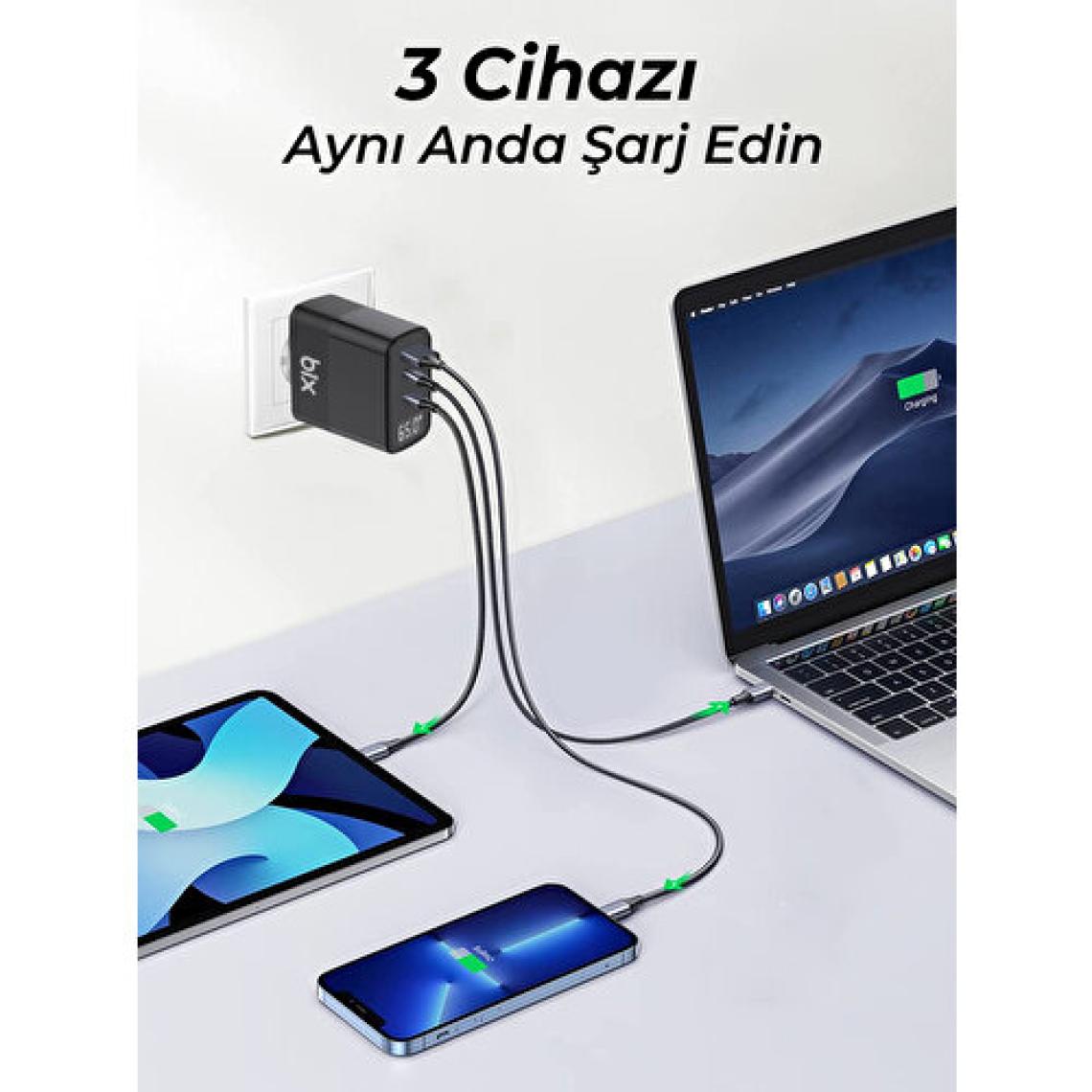 Bix BX65GD 65W USB Type-C QC 4.0 PD 3.0 LED Göstergeli Gan 3 Portlu Hızlı Şarj Cihazı