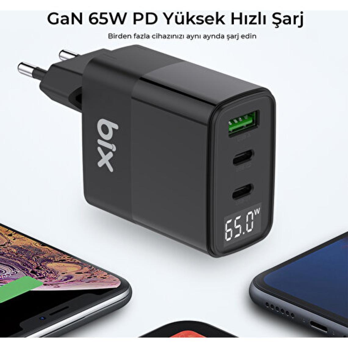 Bix BX65GD 65W USB Type-C QC 4.0 PD 3.0 LED Göstergeli Gan 3 Portlu Hızlı Şarj Cihazı