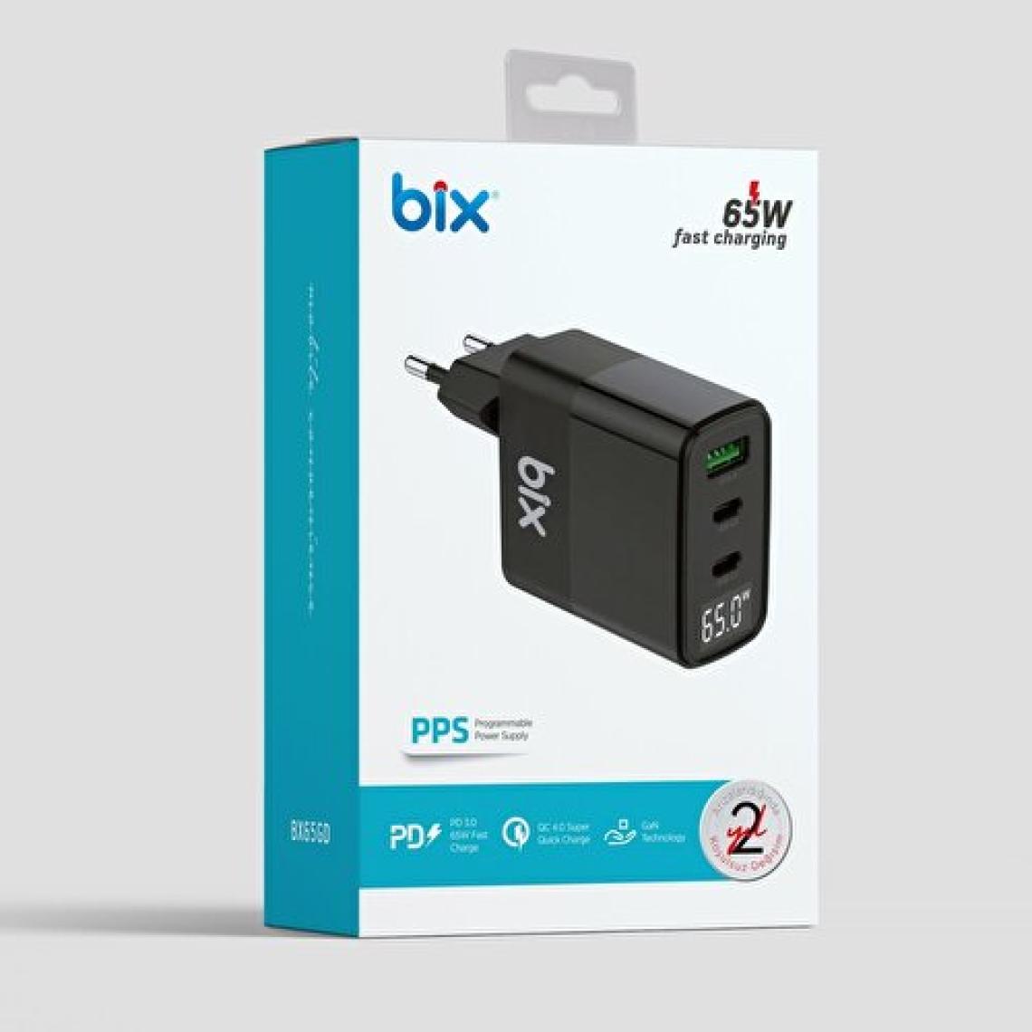 Bix BX65GD 65W USB Type-C QC 4.0 PD 3.0 LED Göstergeli Gan 3 Portlu Hızlı Şarj Cihazı