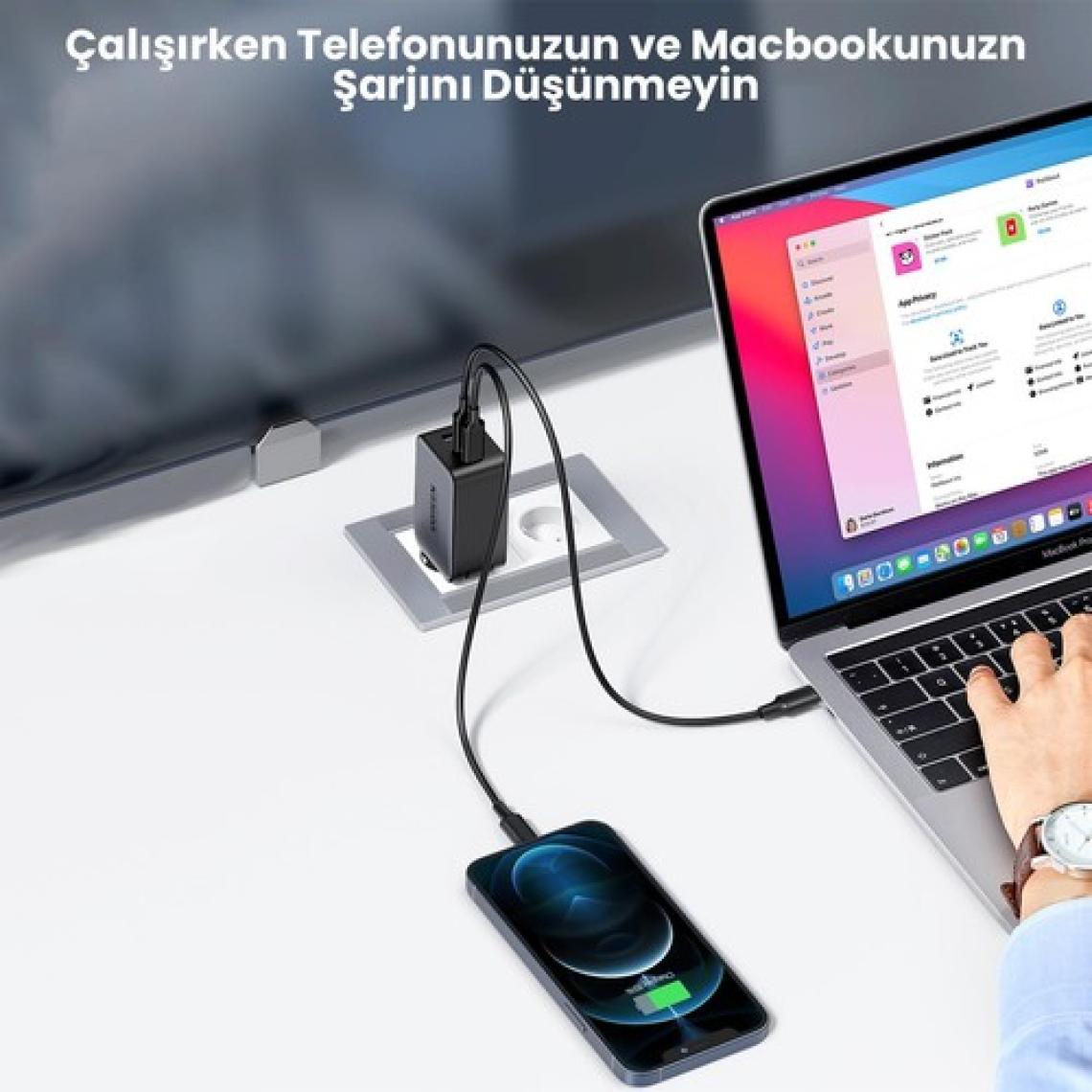 Ugreen 65W USB Type-C QC 4.0 PD 3.0 GanX 3 Portlu Hızlı Şarj Cihazı Space Gray