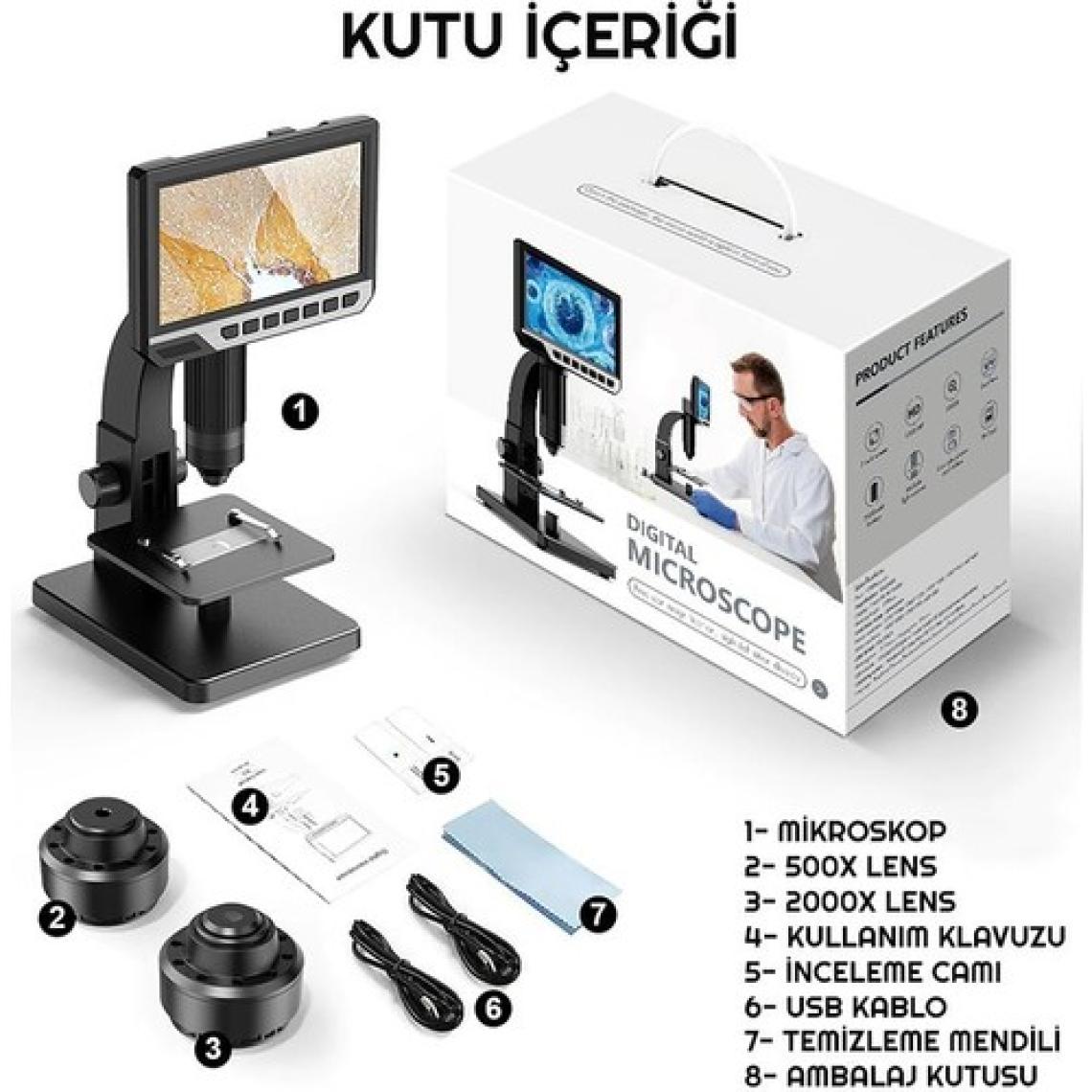 Exeo 12MP 2000X 7 Inch IPS Ekran Dijital Mikroskop Şarjlı