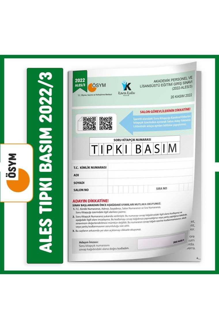 Ales 2022/3 Kasım Ösym Tıpkı Basım Çıkmış Soru Deneme Kitapçığı Video/pdf Çözümlü Türkiye Geneli