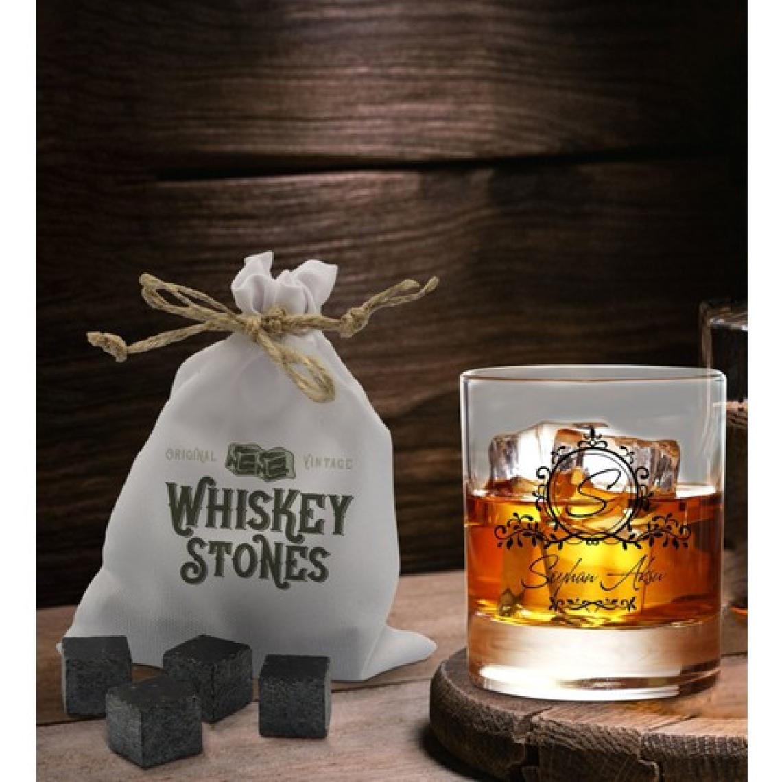 Bk Gift Kişiye Özel Isimli Viski Bardağı ve 6'lı Doğal Granit Viski Soğutma Taşı Seti - Model 11