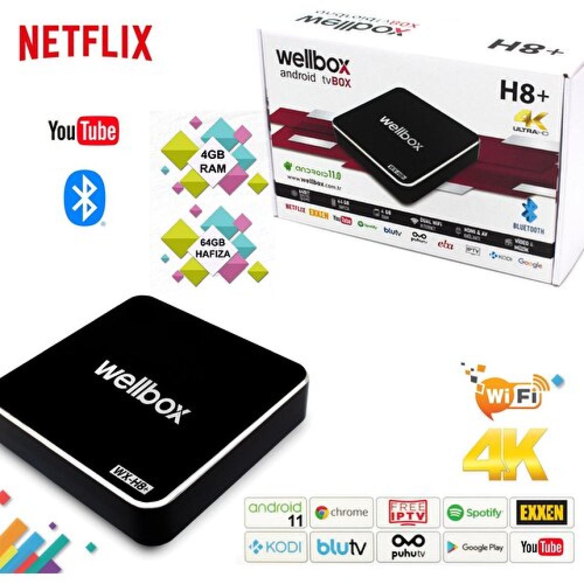 Wellbox Android Tv Box 4K Netflix Wifi Bluetooth Ethernet Sd 4gb Ram 64GB Hafıza Wellbox Wx-H8+