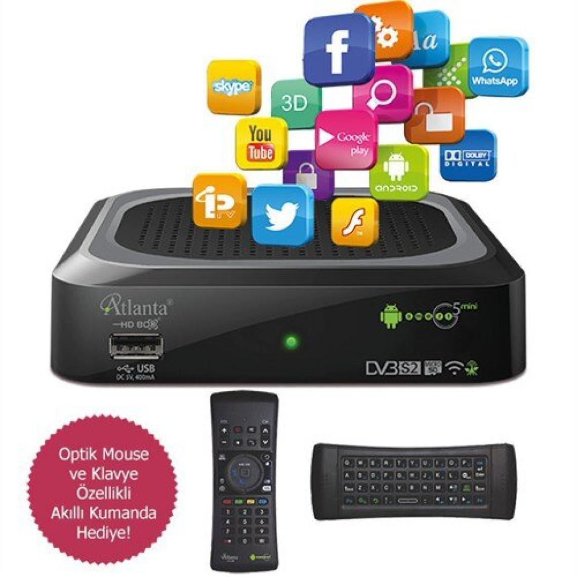 Atlanta Smart G5 Mini Android Uydu Alıcı (Akıllı Mouse Özellikli Klavyeli Kumanda / 1 Yıl Mara v2 VOD Aboneliği Hediye)