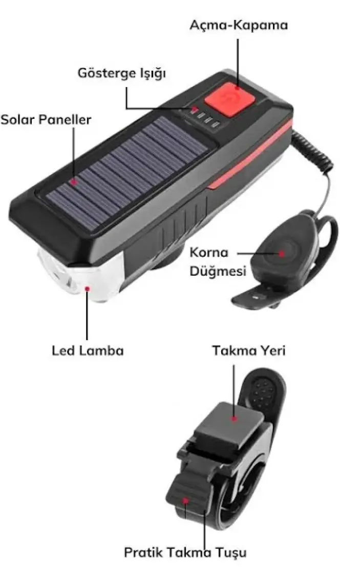 Asloka Buffer® Solar Enerjili USB ile Şarj Edilebilir Ledli Bisiklet Feneri Kornalı ve Su Geçirmez Far